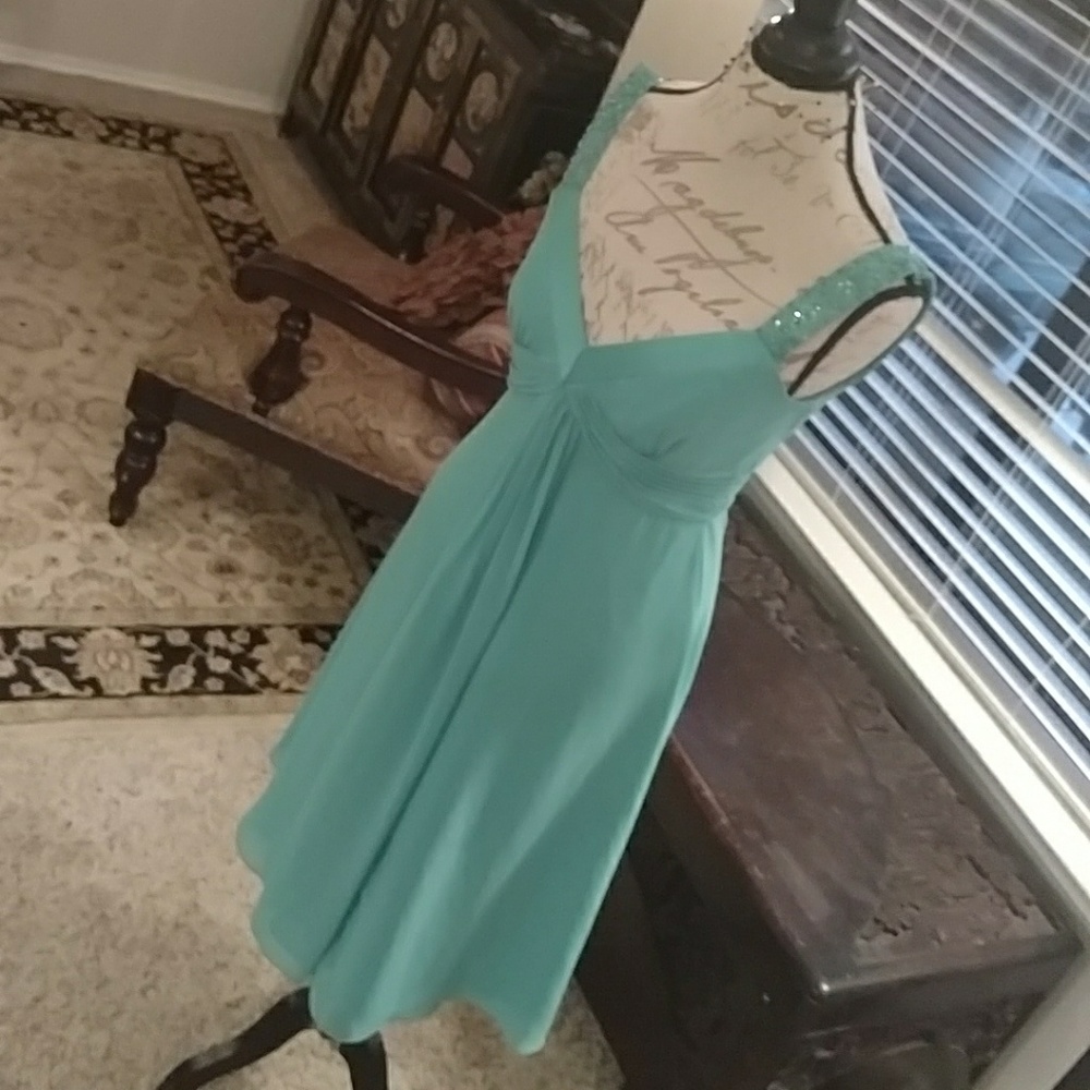 Aqua Tea Length Bridesmaid Dress